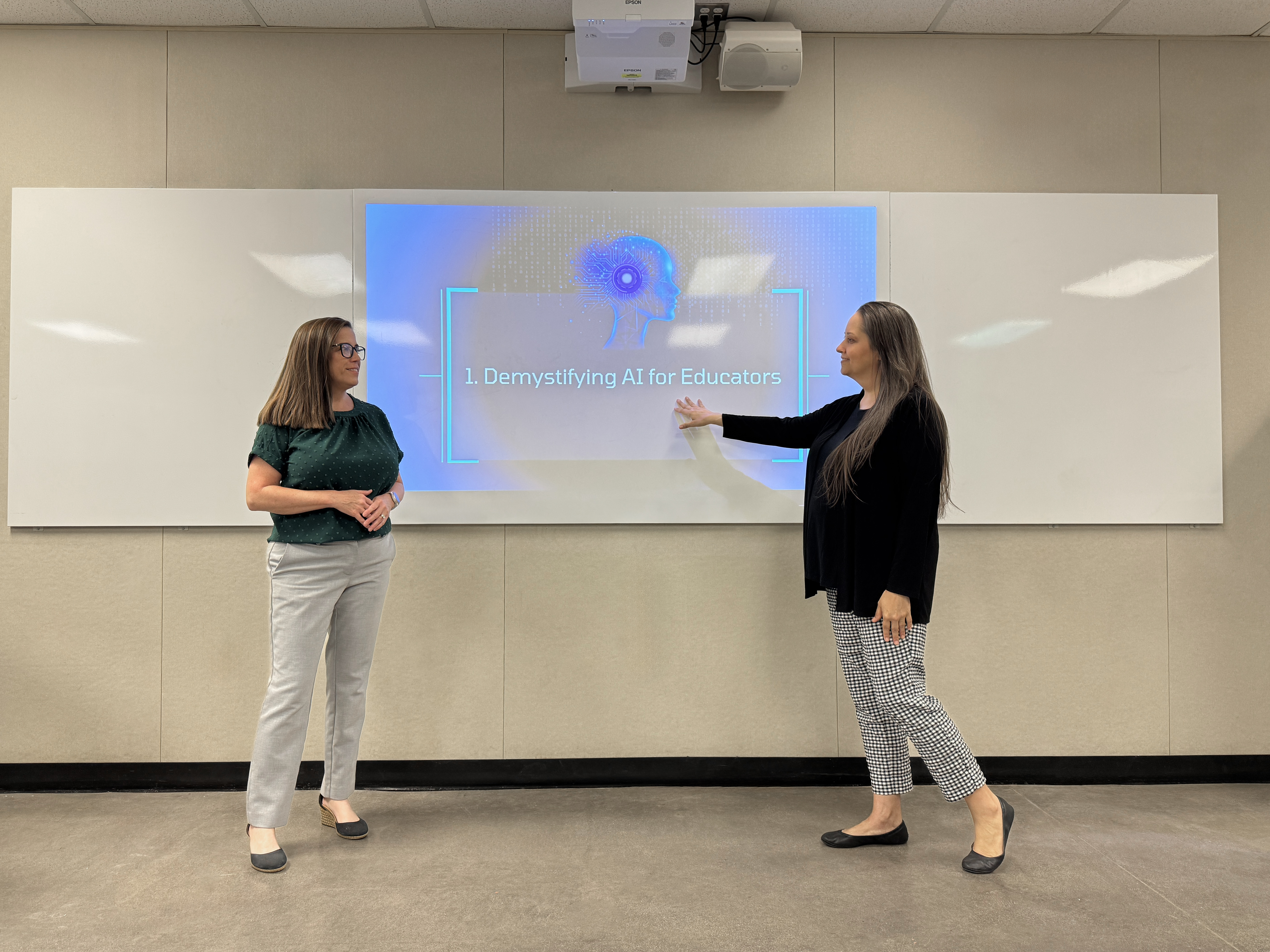Two consultants. One is talking and pointing at the whiteboard while the other listens.